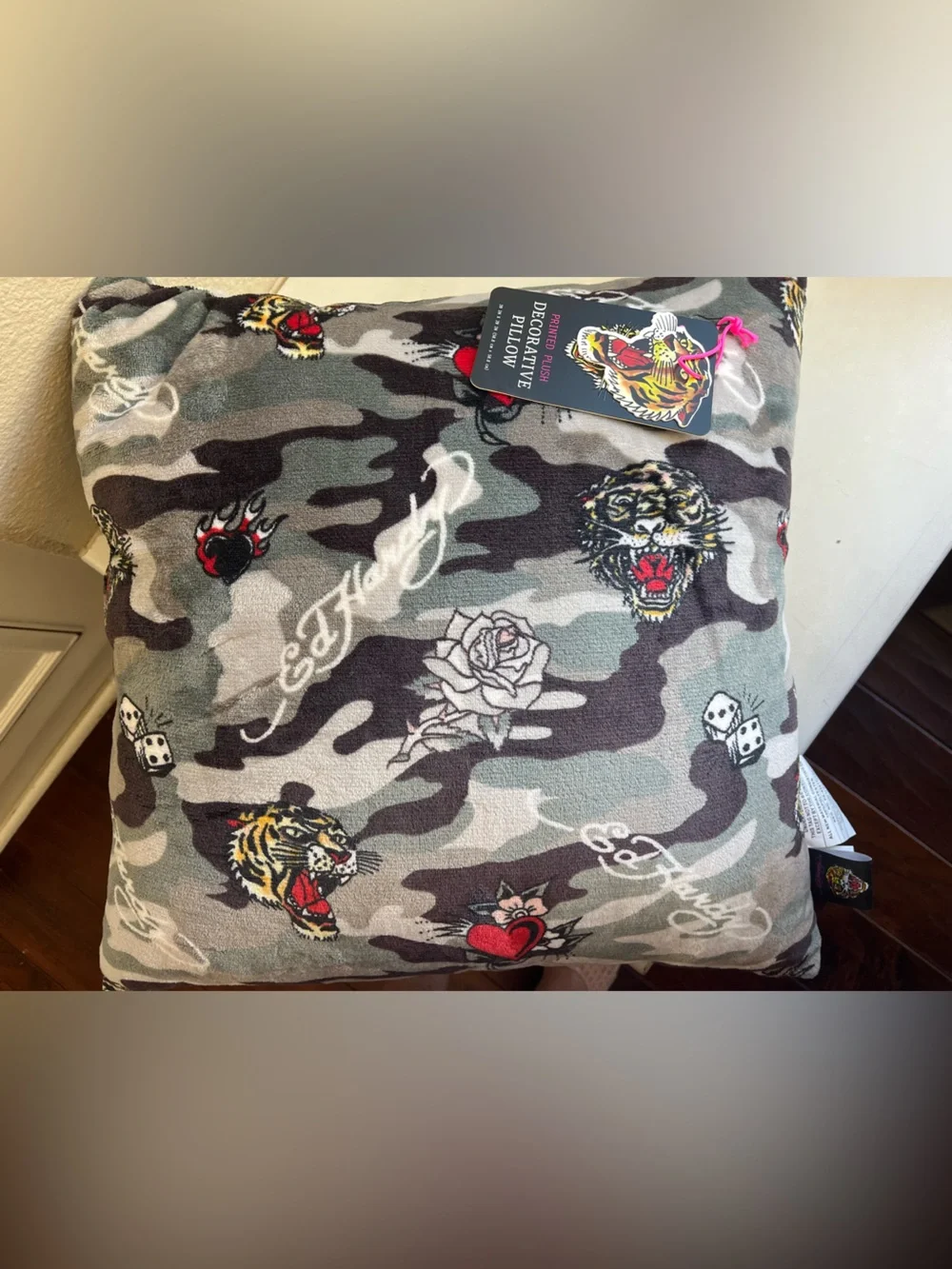 Ed Hardy Gray Camo Decorative Pillow with Red Heart, Tiger, Dice, Rose